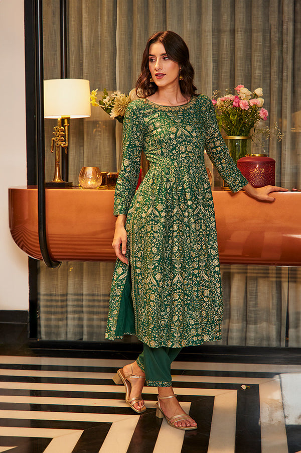 Dark Green Floral Printed Kurta, Pants & Dupatta Set