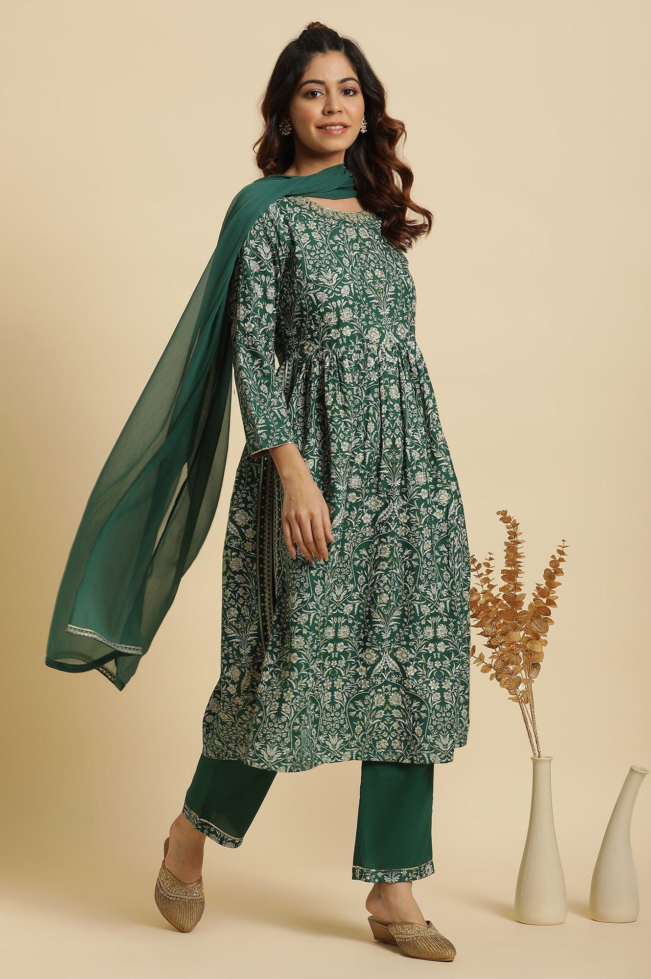 Dark Green Floral Printed Kurta, Pants &amp; Dupatta Set - wforwoman