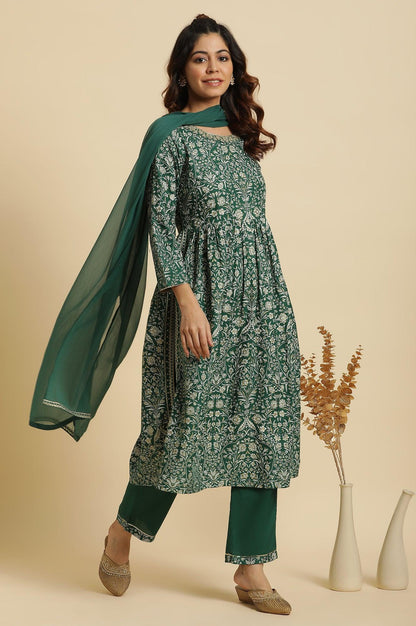 Dark Green Floral Printed Kurta, Pants &amp; Dupatta Set - wforwoman
