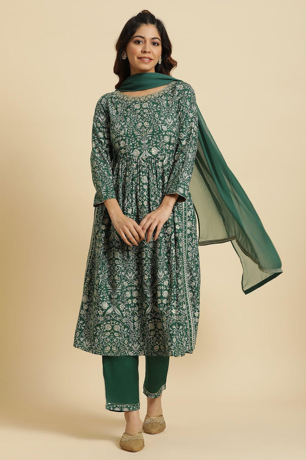 Dark Green Floral Printed Kurta, Pants & Dupatta Set