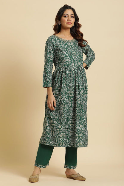 Dark Green Floral Printed Kurta, Pants &amp; Dupatta Set - wforwoman