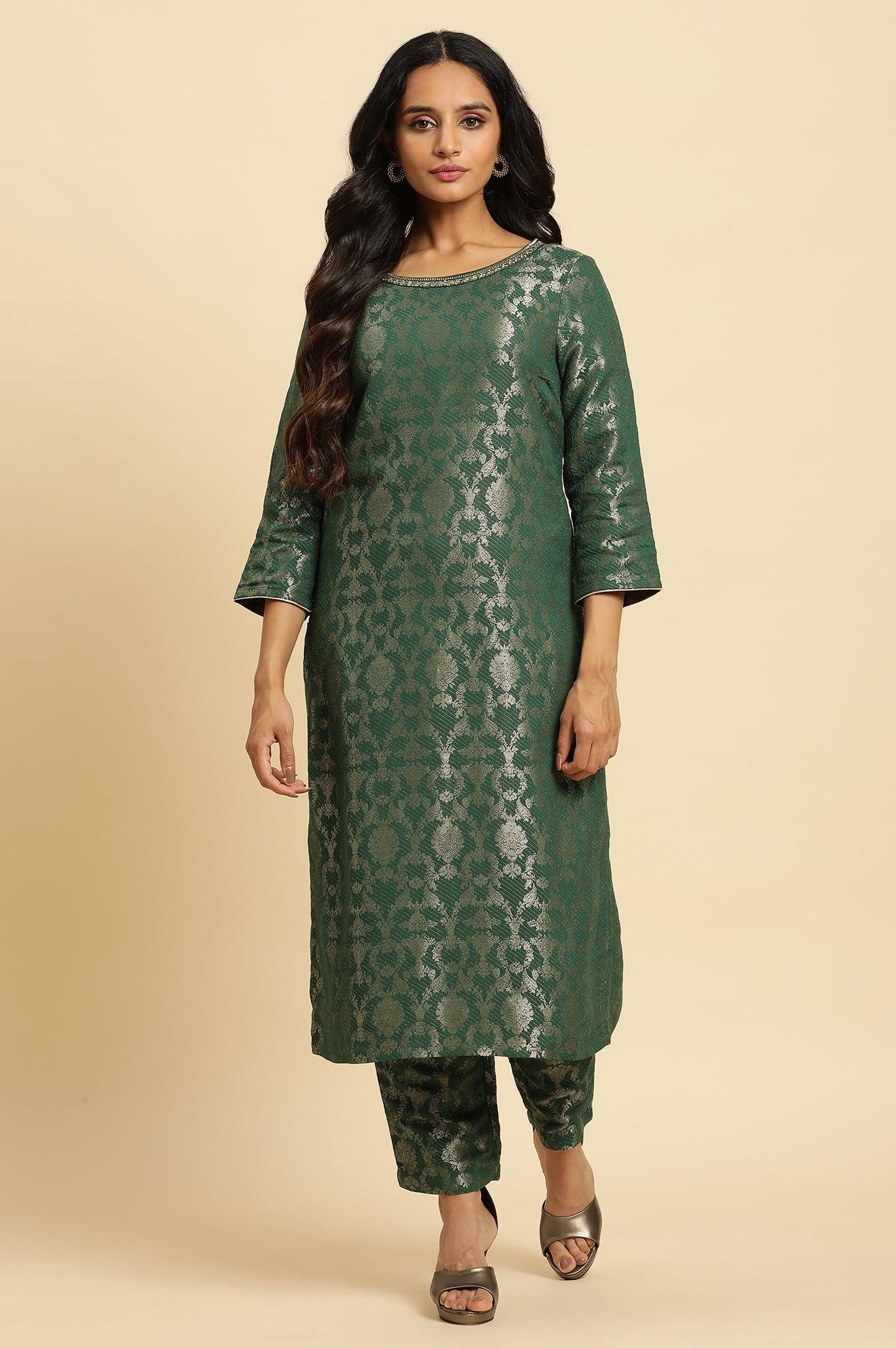 Green Jacquard Rayon Kurta and Pants Ethnic Festive Co-ord Set