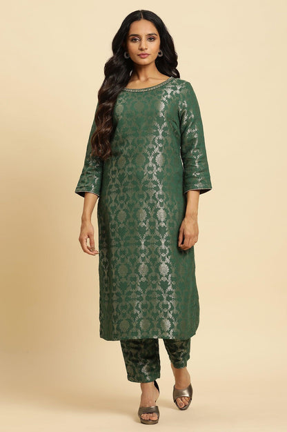 Green Rayon Jacquard Kurta And Pant Festive Set - wforwoman