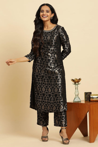 Black Rayon Jacquard Kurta And Pant Festive Set - wforwoman