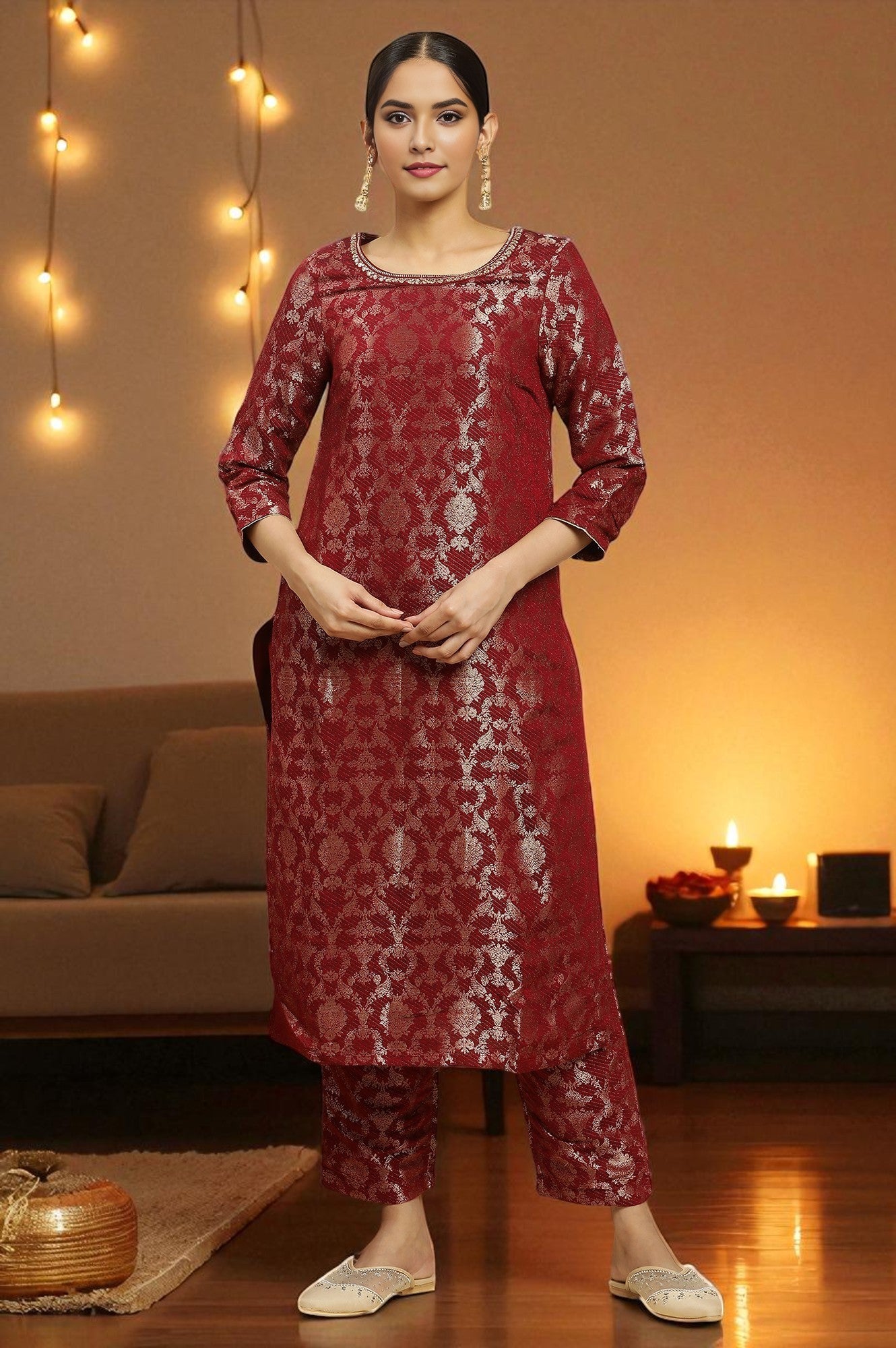 Maroon Rayon Jacquard Kurta and Pants Festive Set