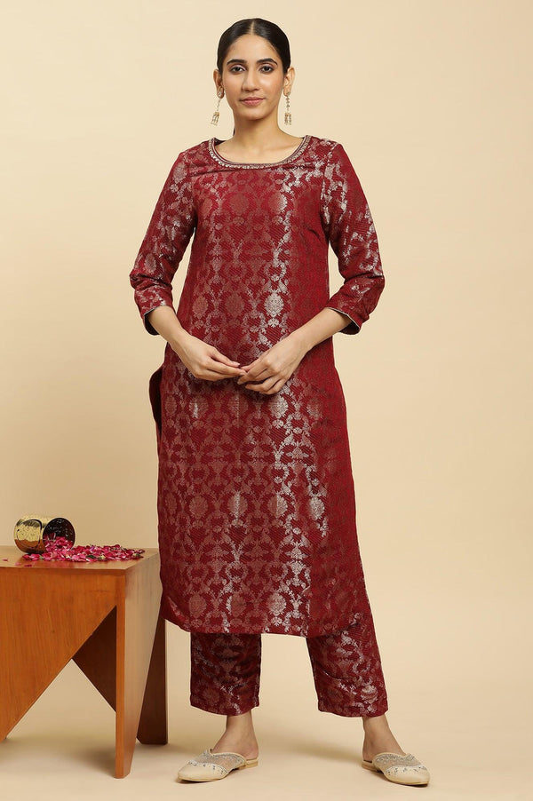 Maroon Rayon Jacquard Kurta and Pants Festive Set