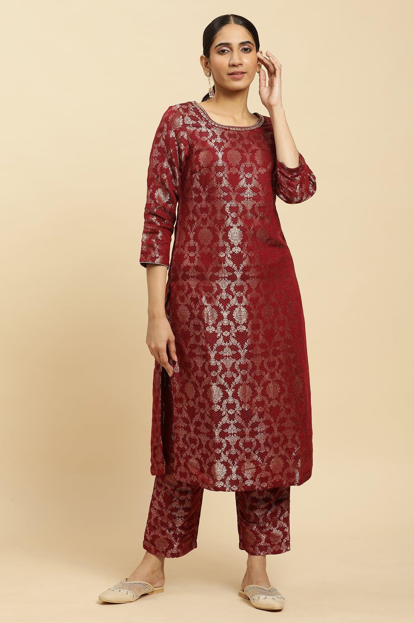 Maroon Rayon Jacquard Kurta And Pants Festive Set - wforwoman
