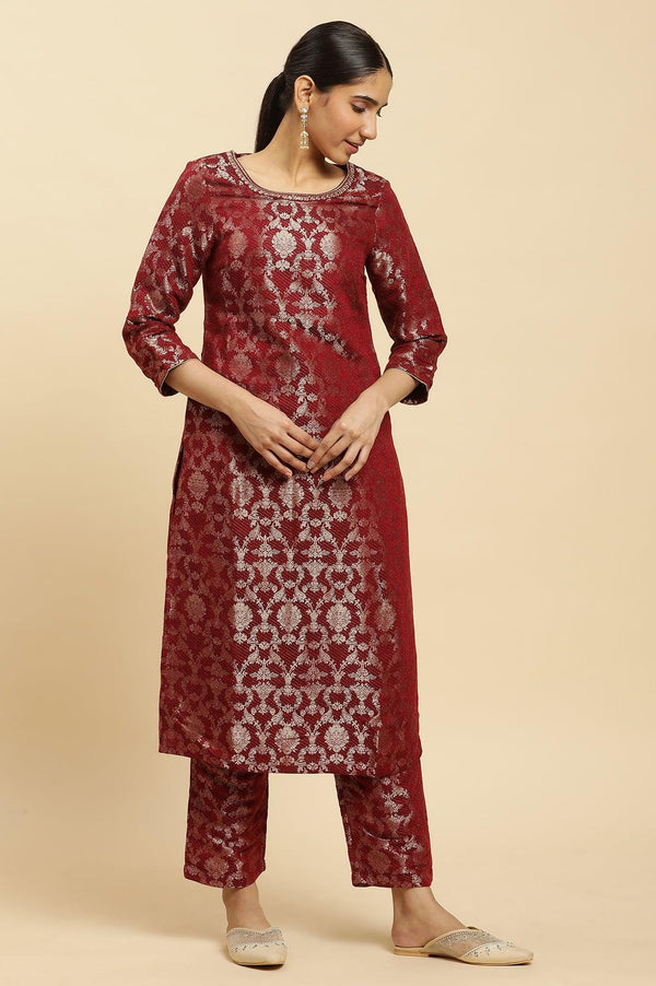 Maroon Rayon Jacquard Kurta and Pants Festive Set