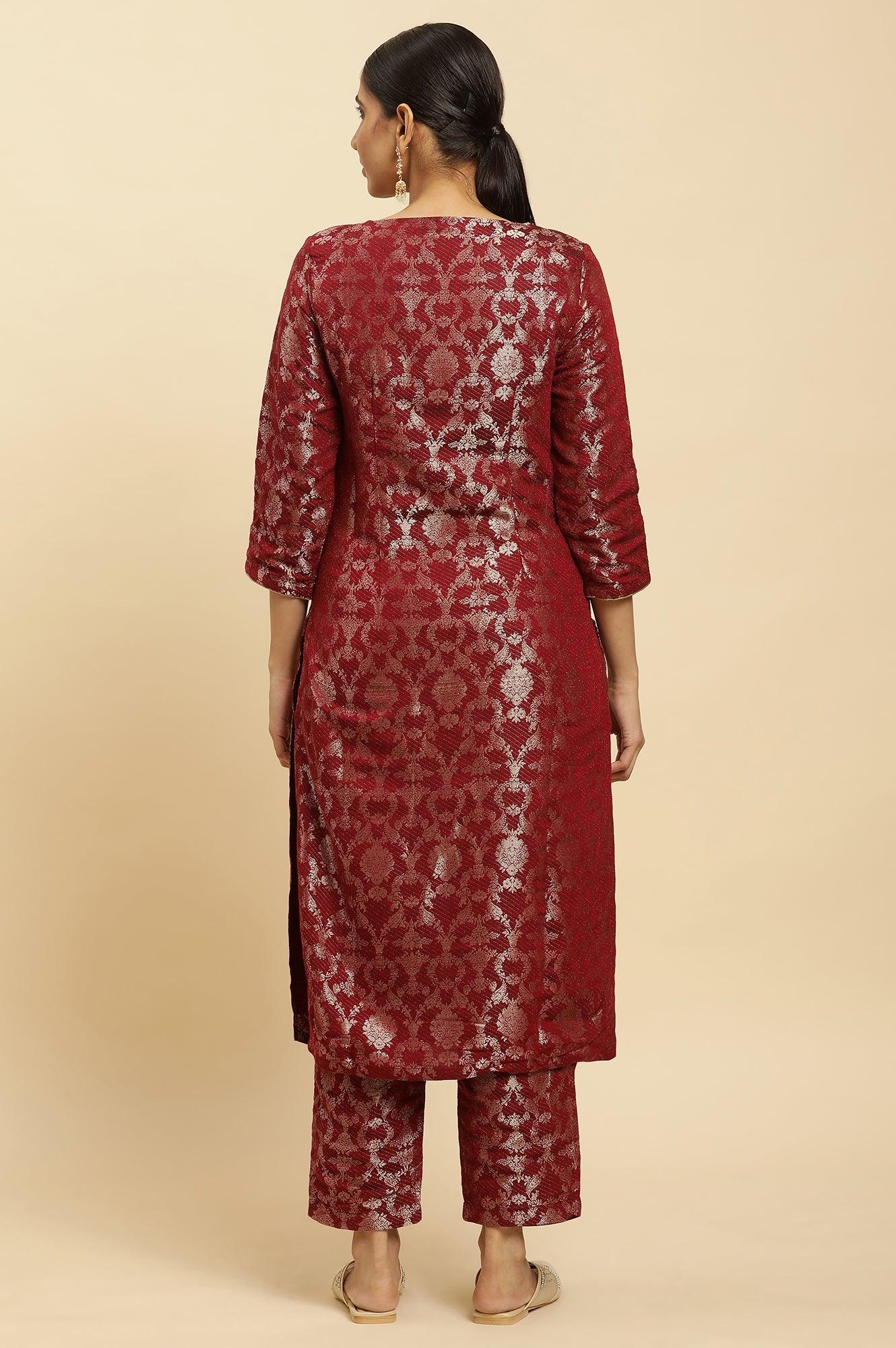Maroon Rayon Jacquard Kurta And Pants Festive Set - wforwoman