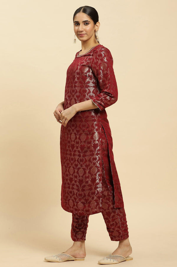 Maroon Rayon Jacquard Kurta and Pants Festive Set