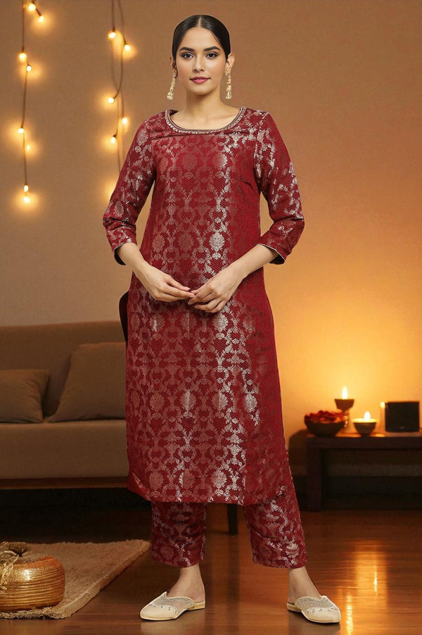 Maroon Rayon Jacquard Kurta and Pants Festive Set
