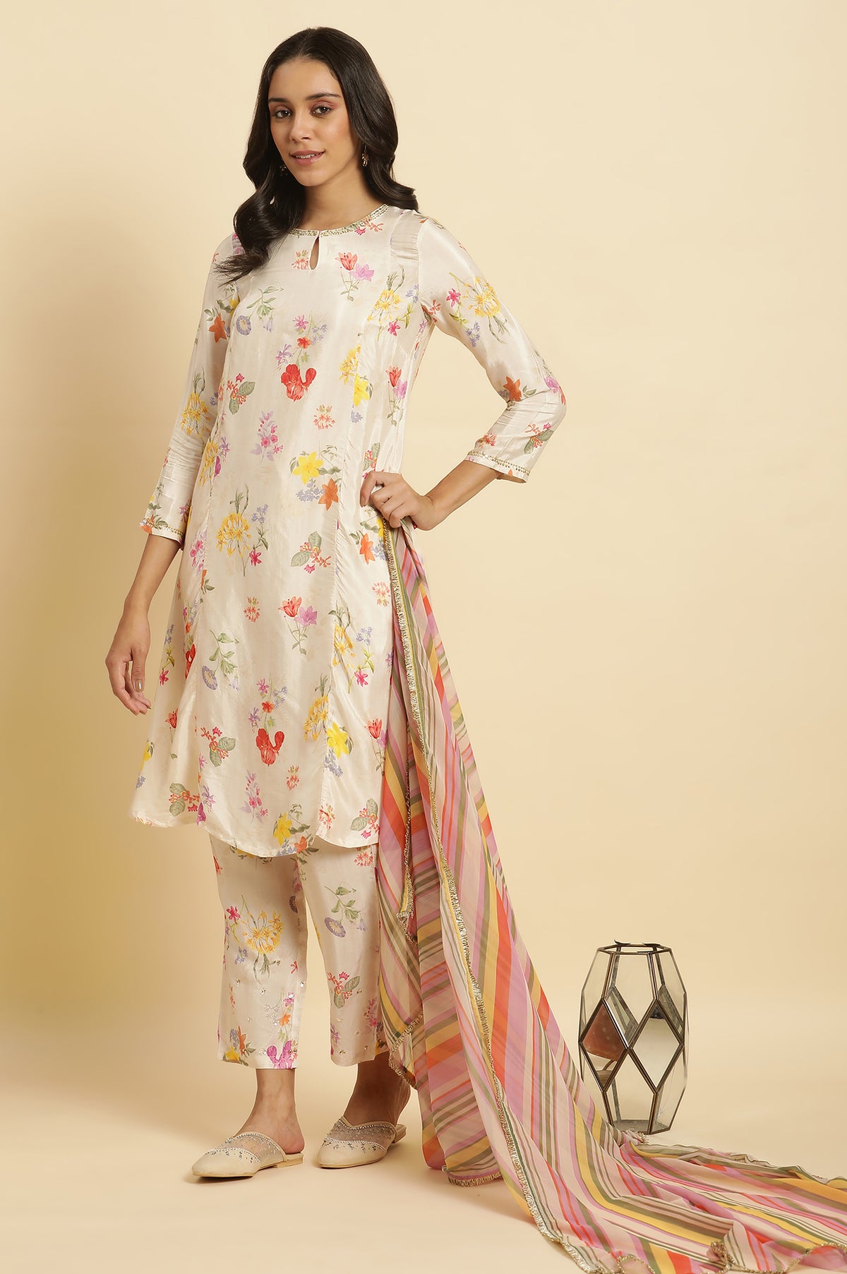 Cream Floral Printed Flared Kurta, Tights & Dupatta Set - XS