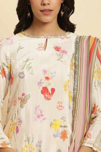 Cream Floral Printed Flared Kurta, Tights &amp; Dupatta Set