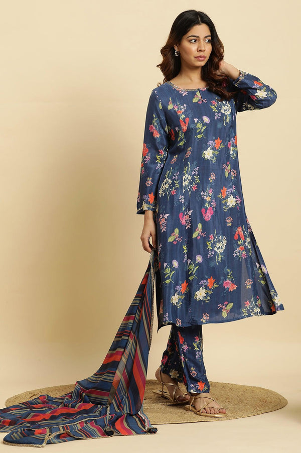 Navy Blue Floral Printed Pure Cotton Kurta, Pants with Dupatta Set