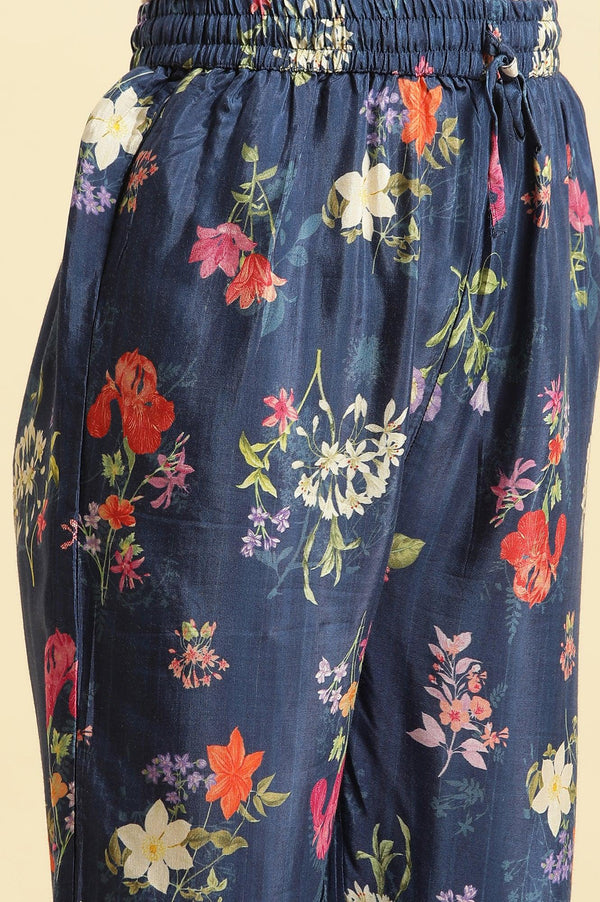 Navy Blue Floral Printed Pure Cotton Kurta, Pants with Dupatta Set