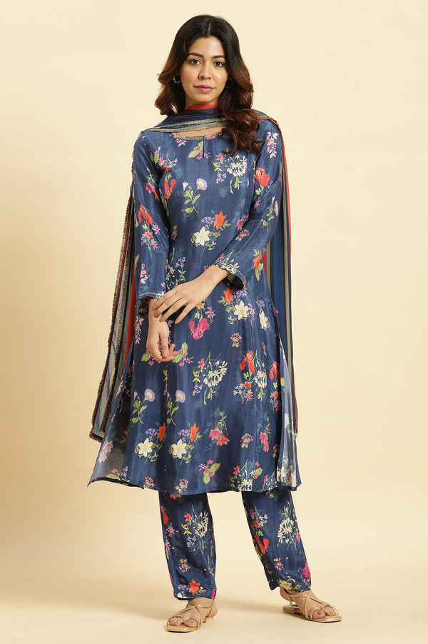 Navy Blue Floral Printed Pure Cotton Kurta, Pants with Dupatta Set