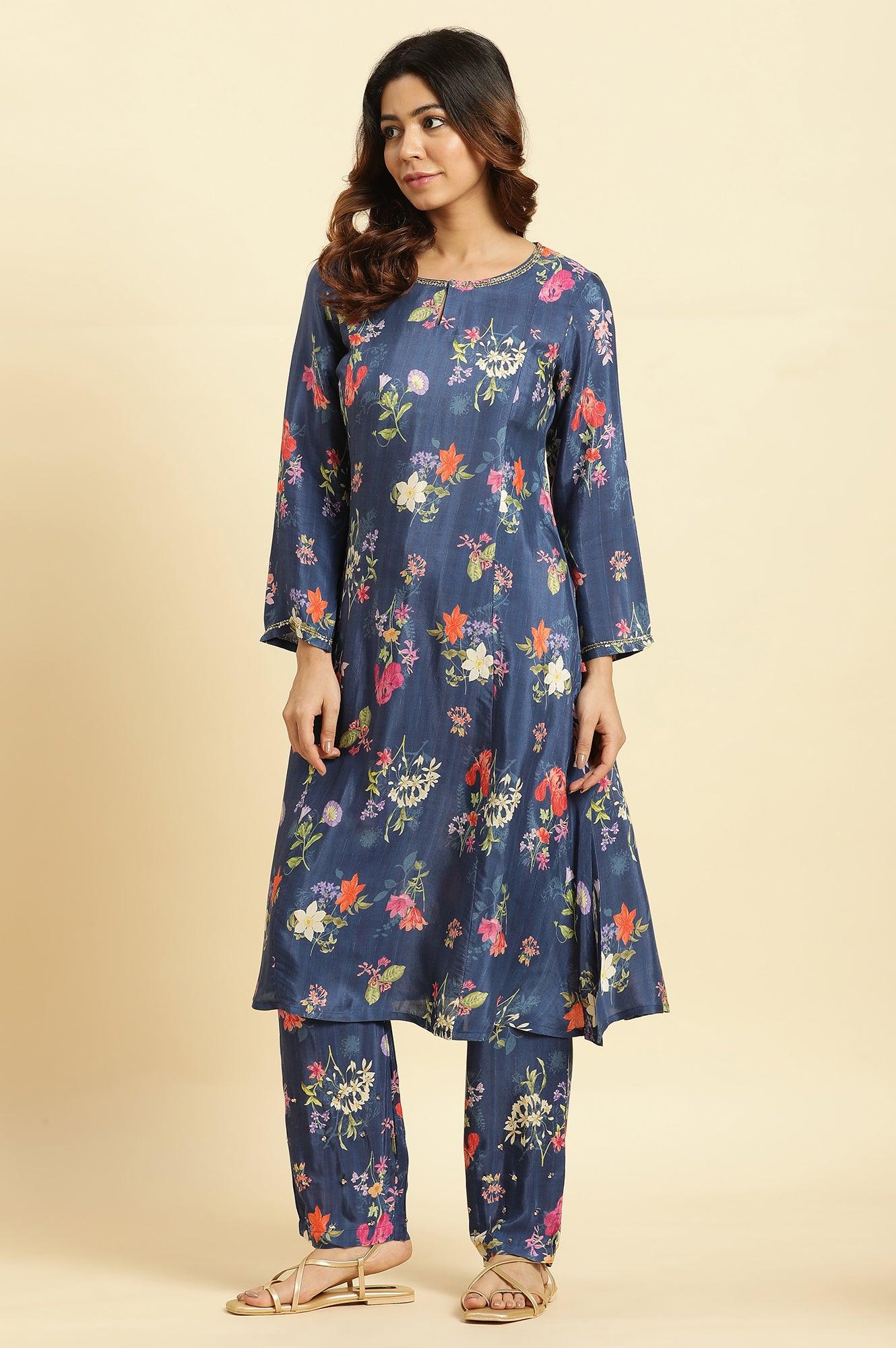 Navy Blue Floral Printed Kurta, Straight Pants And Dupatta Set - wforwoman