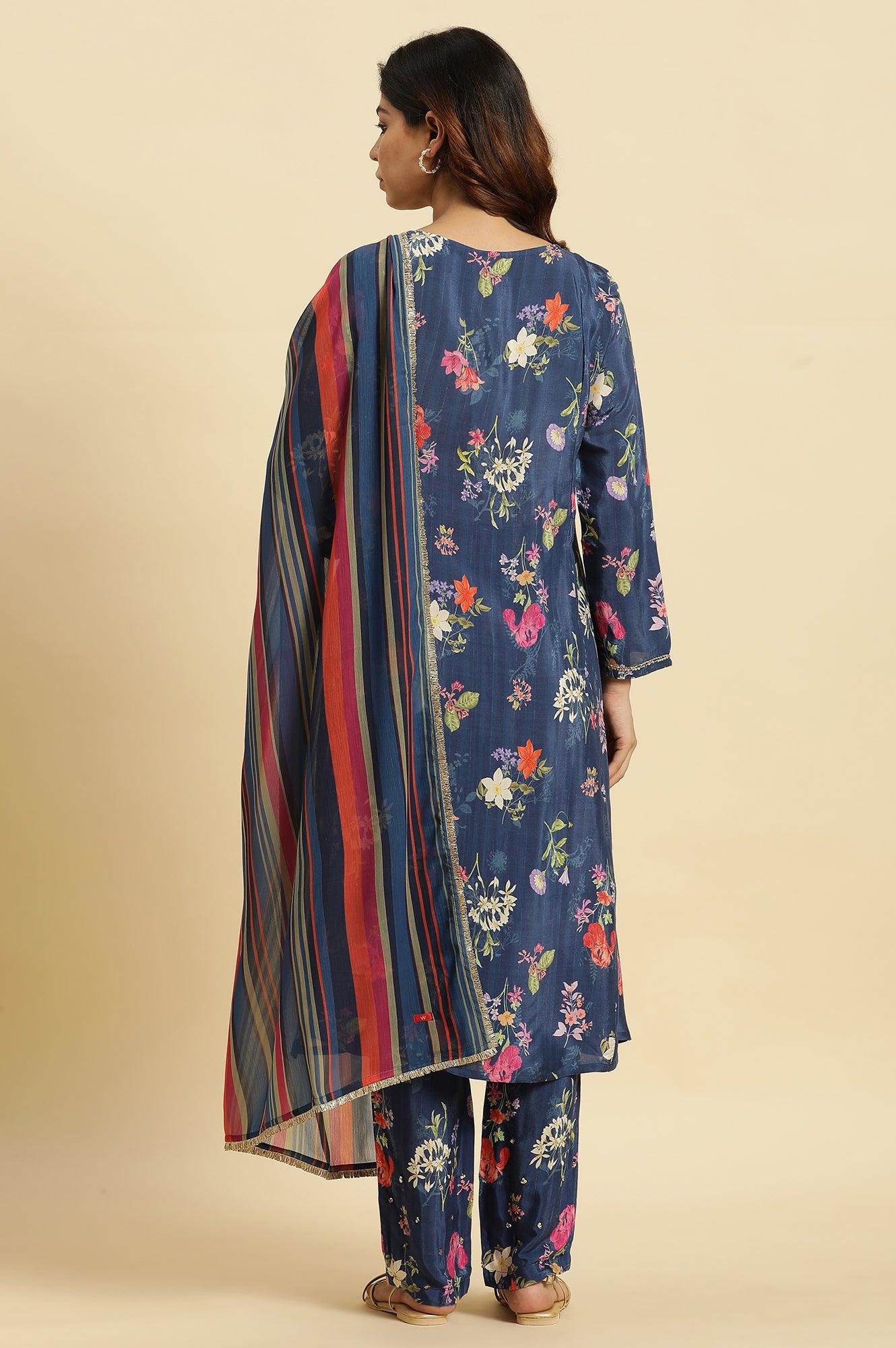 Navy Blue Floral Printed Kurta, Straight Pants And Dupatta Set - wforwoman