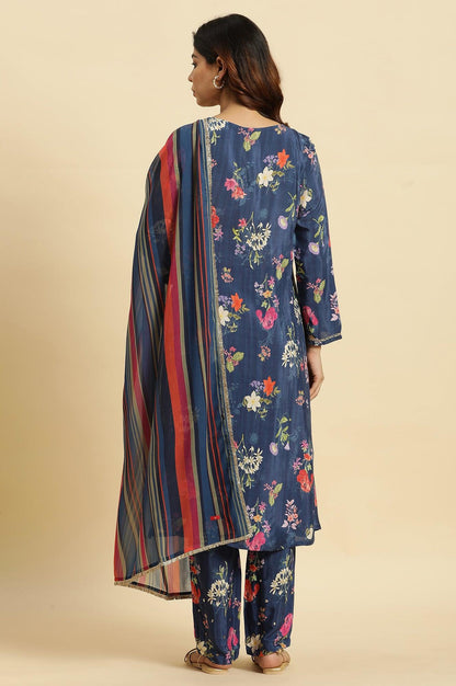 Navy Blue Floral Printed Kurta, Straight Pants And Dupatta Set - wforwoman
