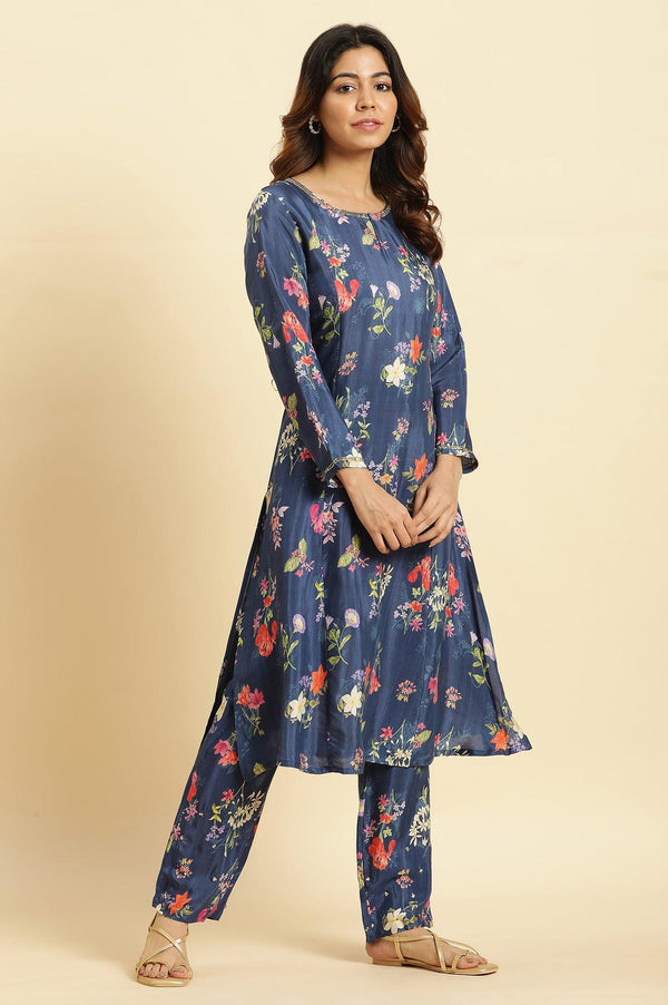 Navy Blue Floral Printed Pure Cotton Kurta, Pants with Dupatta Set