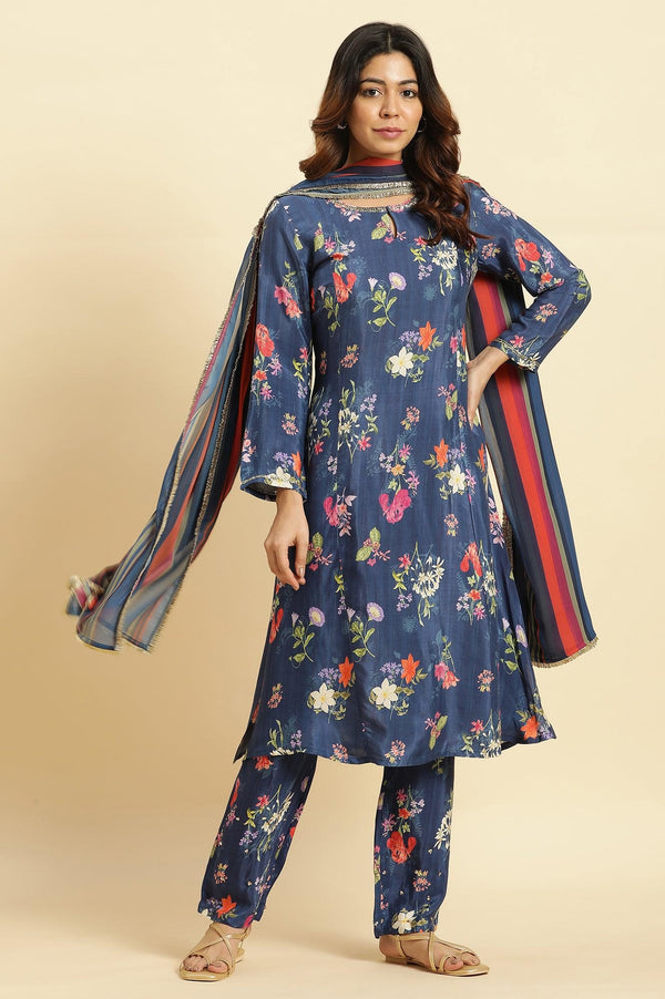 Navy Blue Floral Printed Pure Cotton Kurta, Pants with Dupatta Set