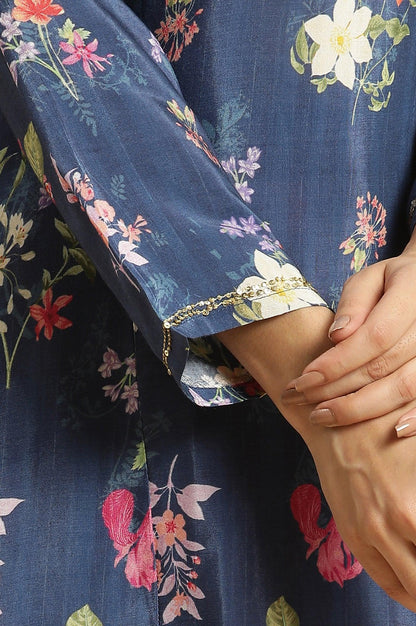 Navy Blue Floral Printed Kurta, Straight Pants And Dupatta Set - wforwoman