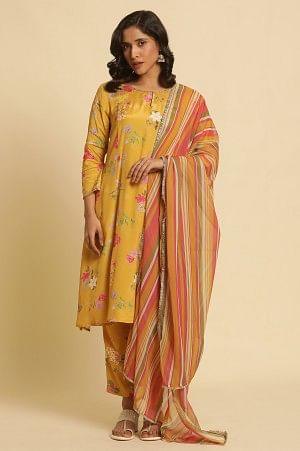 Yellow Printed Embroidered Kurta, Pants And Dupatta Set - wforwoman