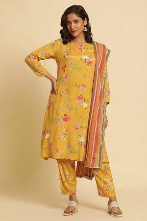 Yellow Printed Embroidered Kurta, Pants And Dupatta Set - wforwoman