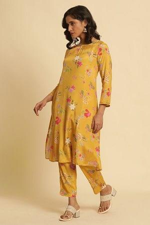 Yellow Printed Embroidered Kurta, Pants And Dupatta Set