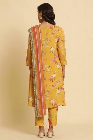 Yellow Printed Embroidered Kurta, Pants And Dupatta Set