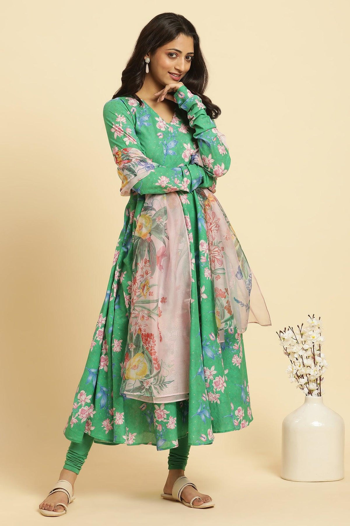 Green Cicular Printed Flared Kurta, Tights And Dupatta Set - XS