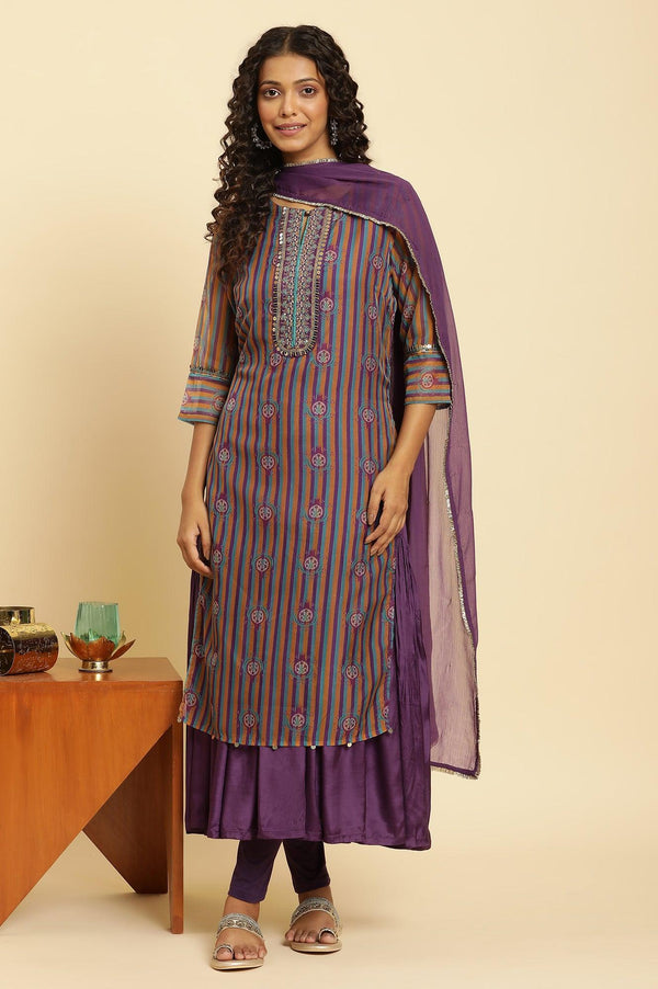 Purple Layered Suzani Printed Kurta, Tights and Dupatta Set