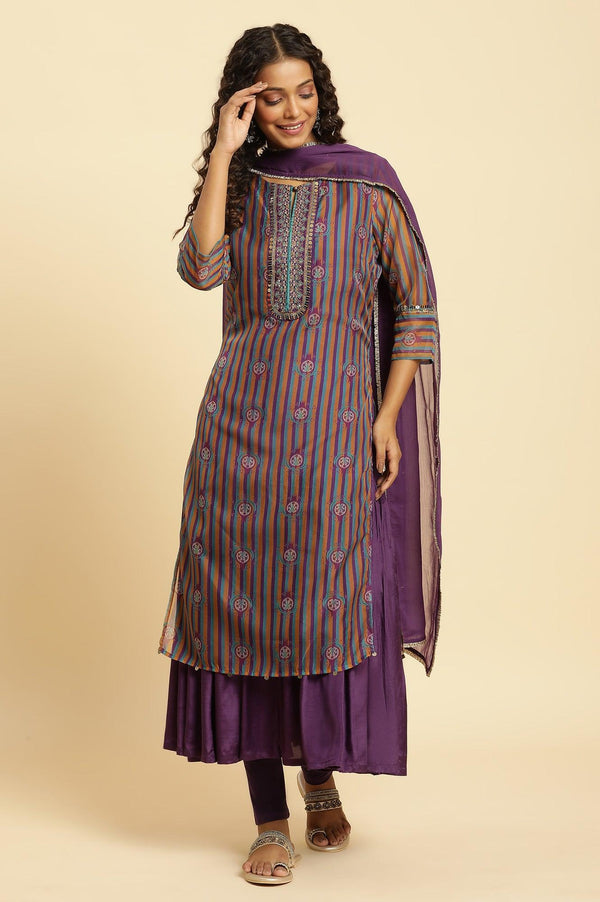 Purple Layered Suzani Printed Kurta, Tights and Dupatta Set