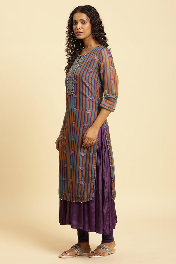 Purple Layered Suzani Printed Kurta, Tights and Dupatta Set