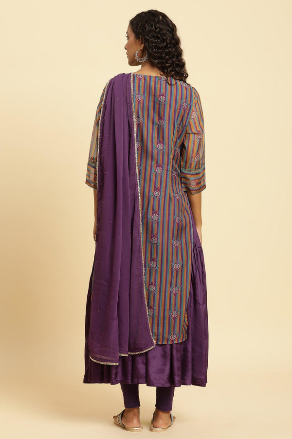 Purple Layered Suzani Printed Kurta, Tights and Dupatta Set
