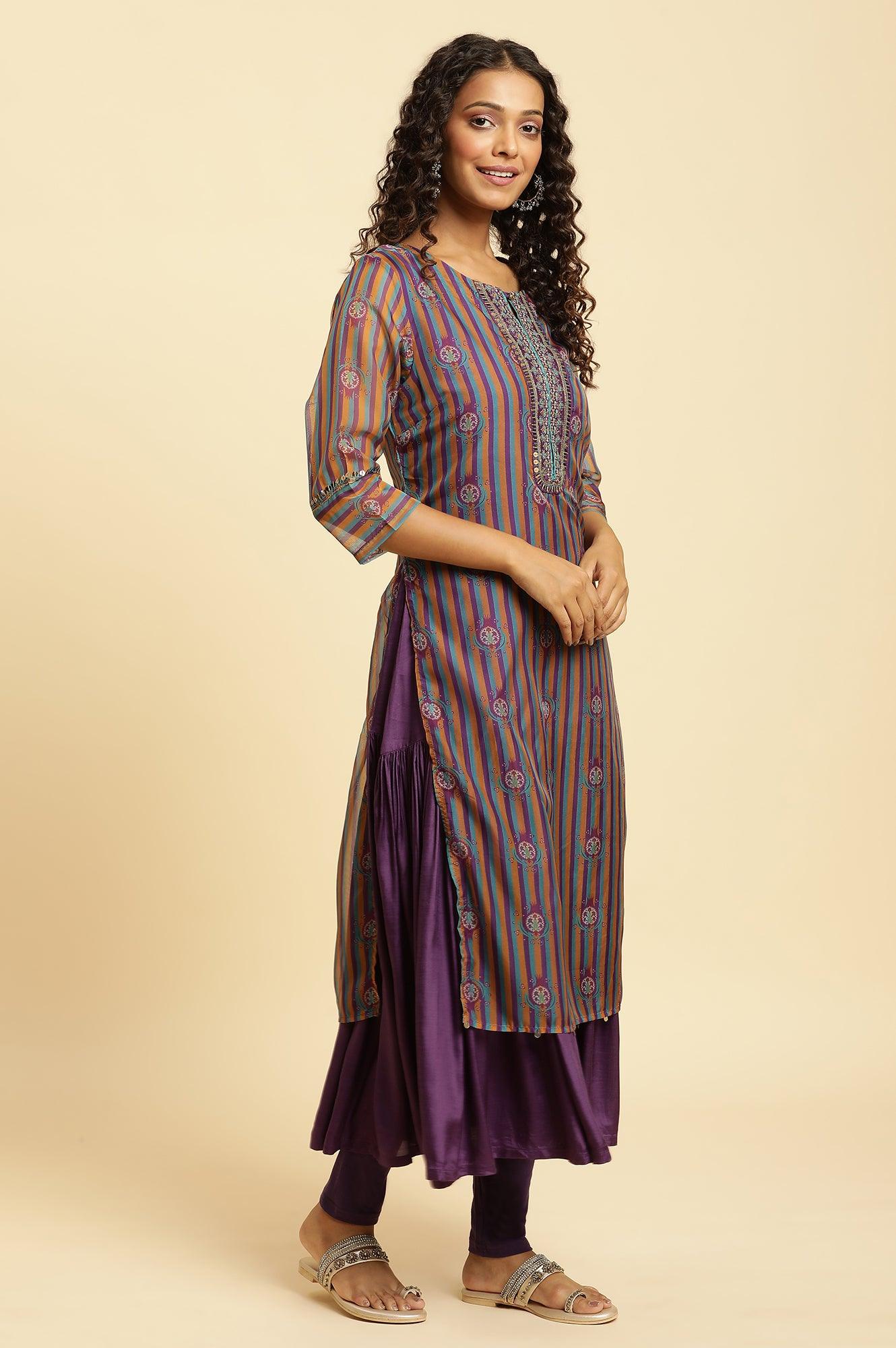 Purple Layered Suzani Printed Kurta, Tights And Dupatta Set - wforwoman