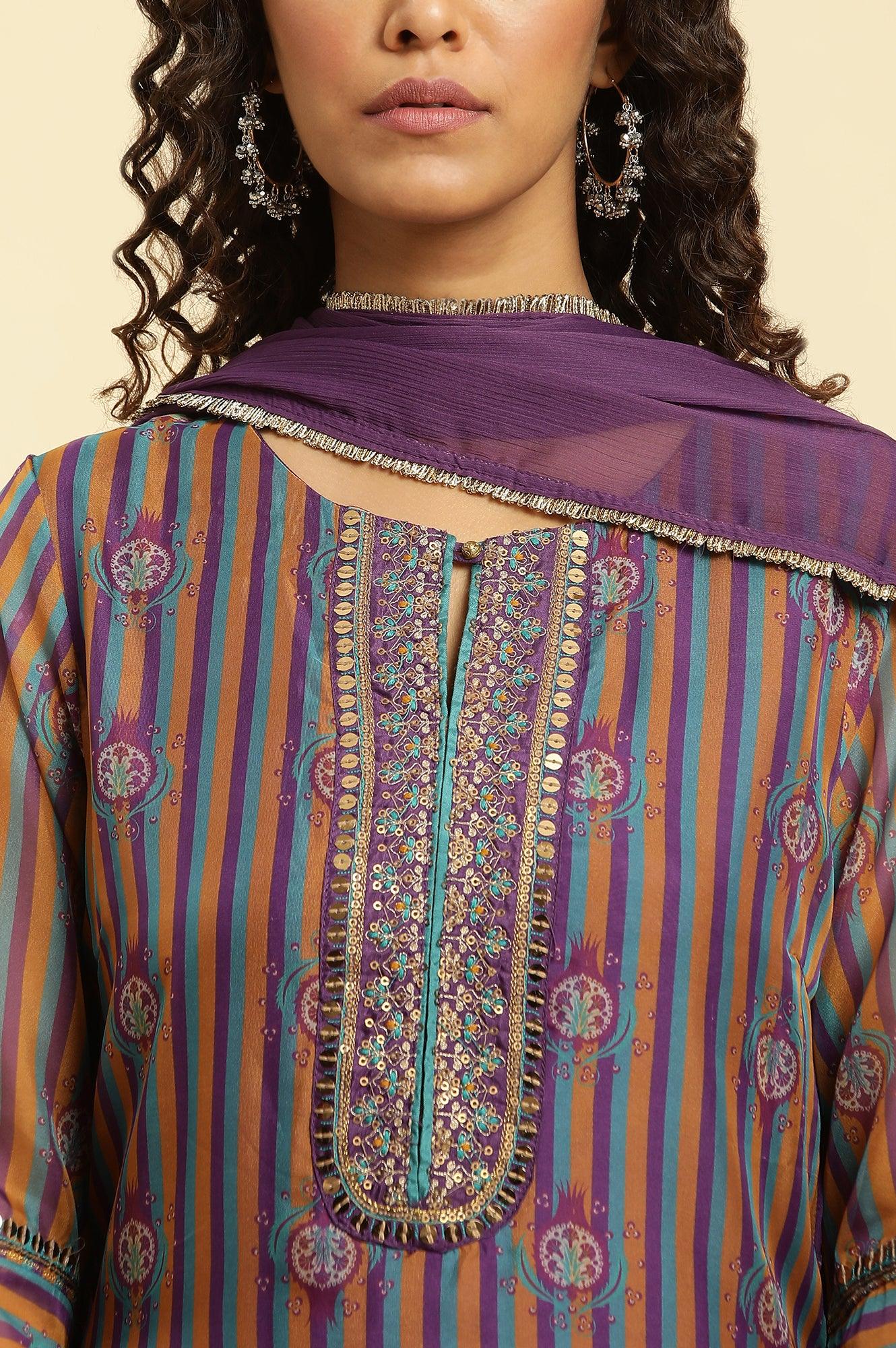 Purple Layered Suzani Printed Kurta, Tights And Dupatta Set - wforwoman