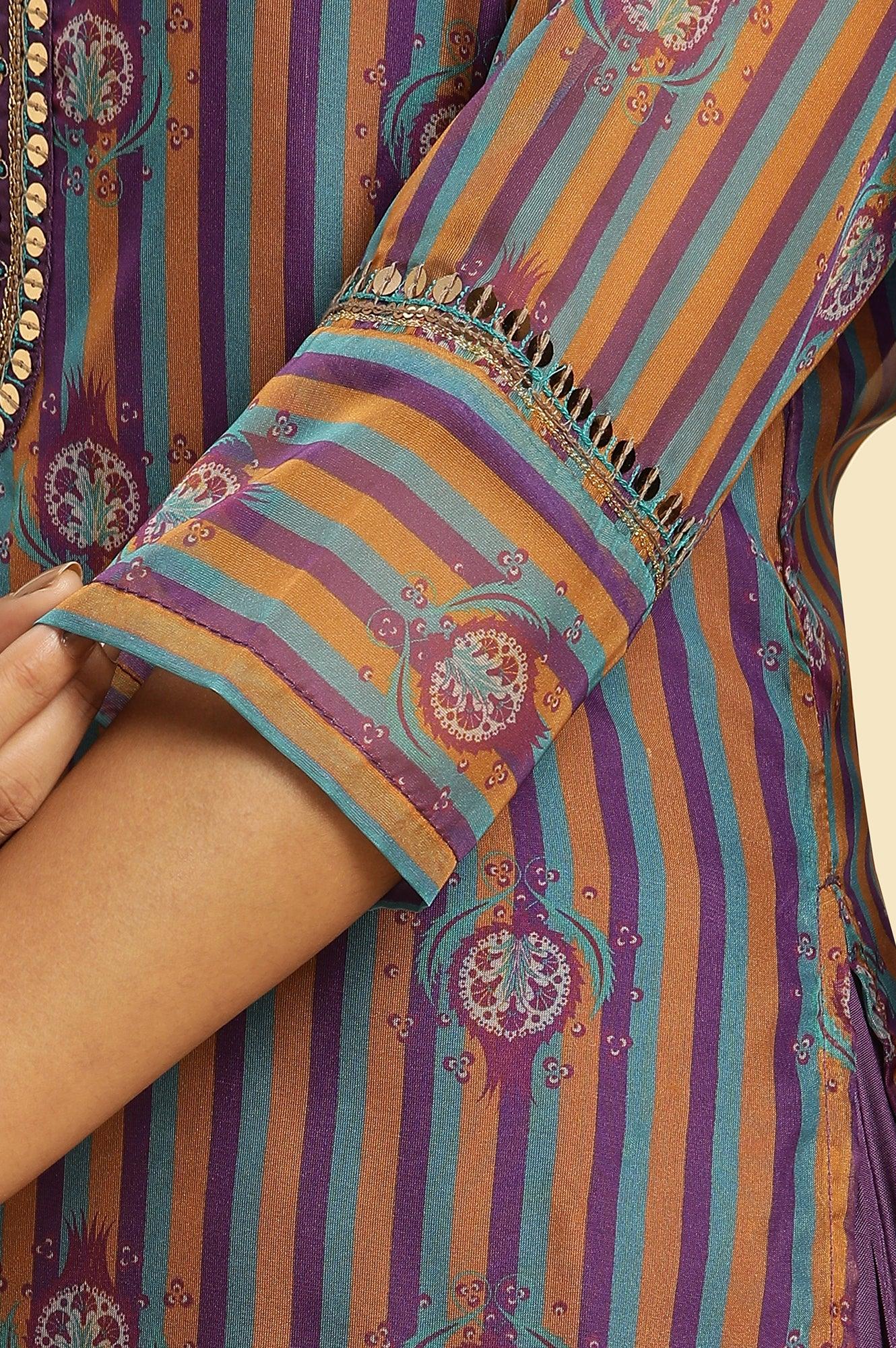 Purple Layered Suzani Printed Kurta, Tights And Dupatta Set - wforwoman