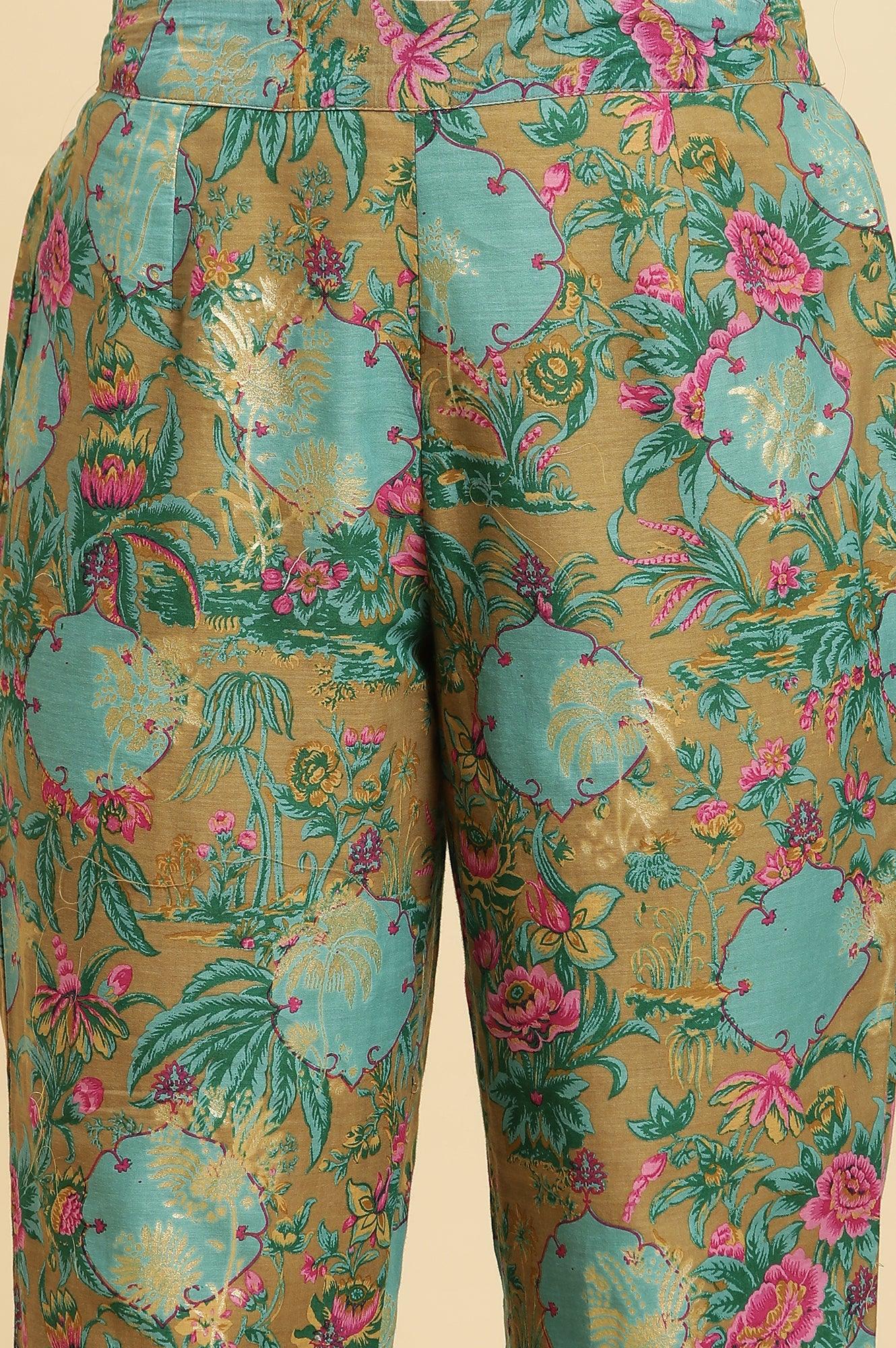 Brown Floral Printed Kurta, Pant And Dupatta Set - wforwoman