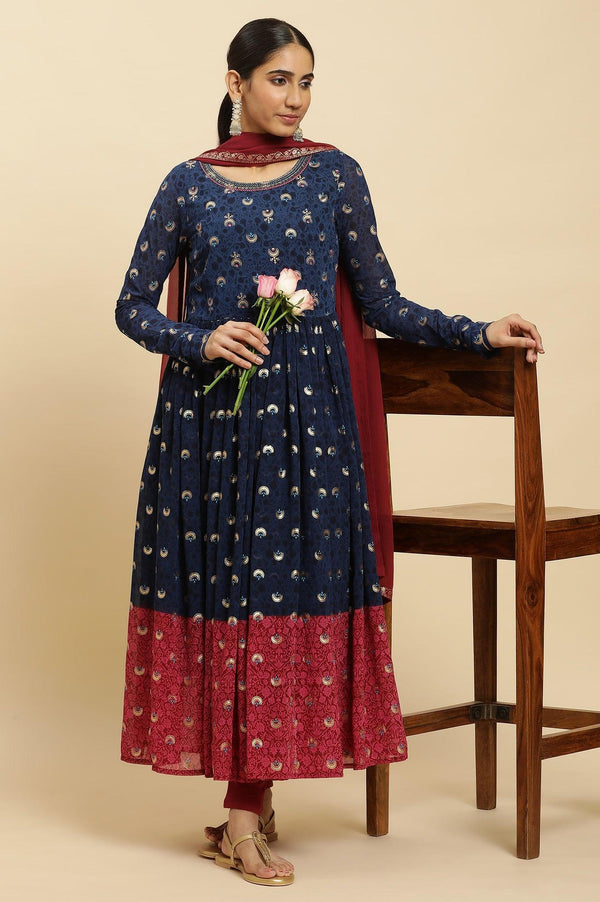 Blue Embroidered Kurta, Tights and Dupatta Festive Set
