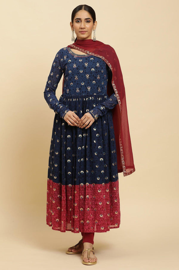 Blue Embroidered Kurta, Tights and Dupatta Festive Set