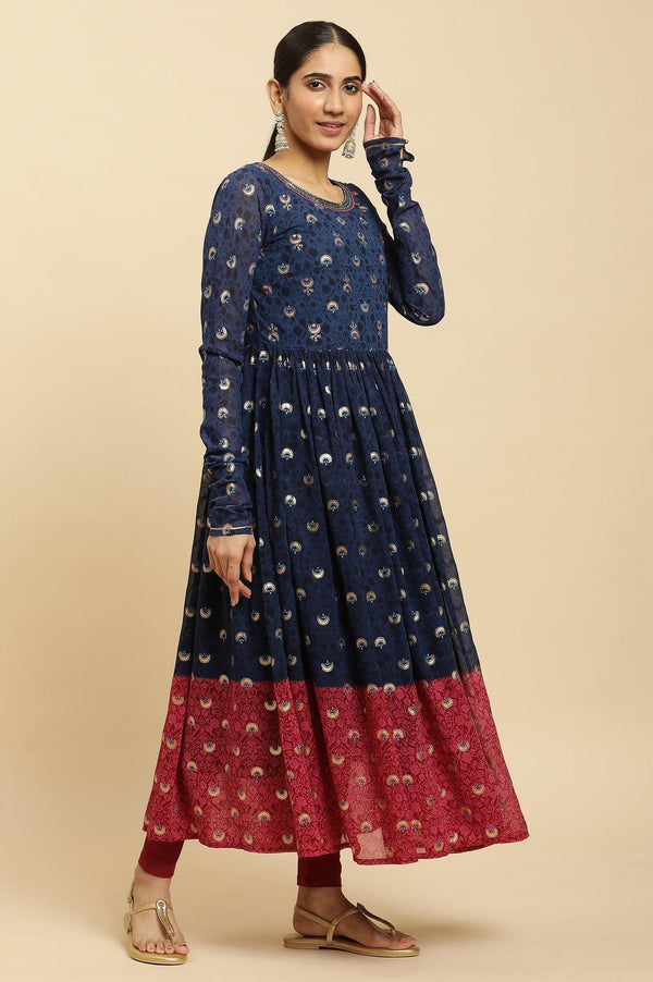 Blue Embroidered Kurta, Tights and Dupatta Festive Set