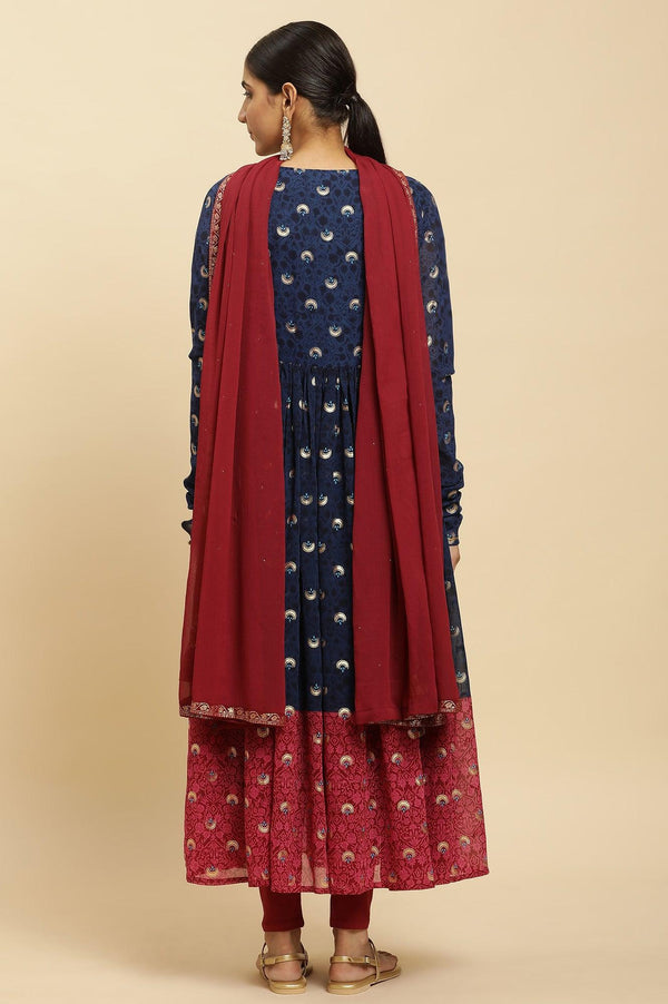 Blue Embroidered Kurta, Tights and Dupatta Festive Set
