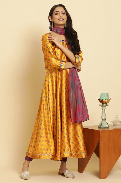 Mustard Yellow Flared Kurta, Tights And Dupatta Set - wforwoman