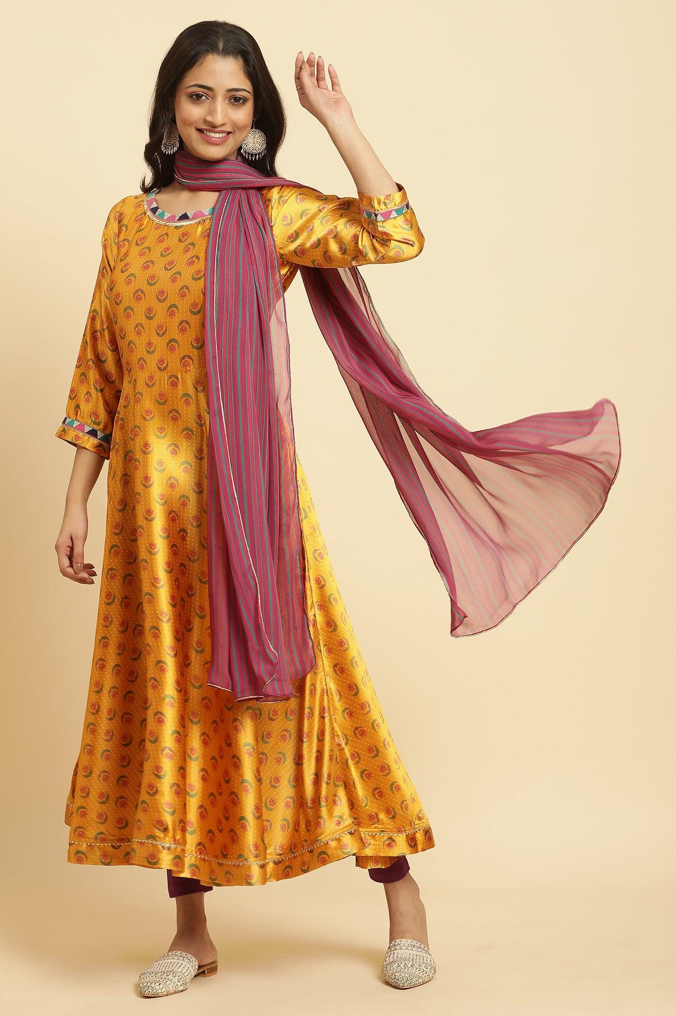 Mustard Yellow Flared Kurta, Tights And Dupatta Set - wforwoman