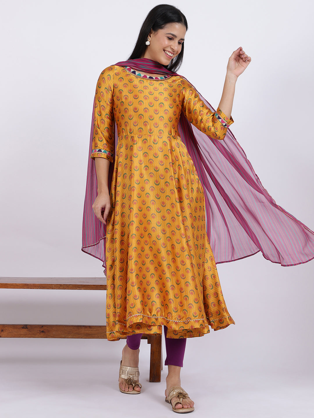 Yellow Floral Printed Satin Festive Anarkali Kurta and Leggings Set with Dupatta