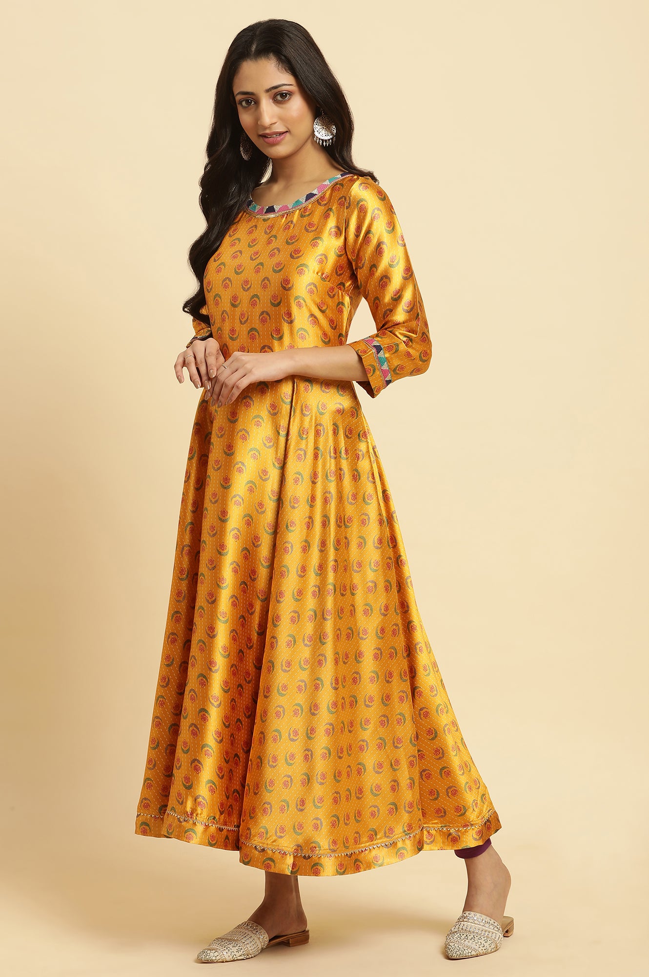 Mustard Yellow Flared Kurta, Tights And Dupatta Set - wforwoman
