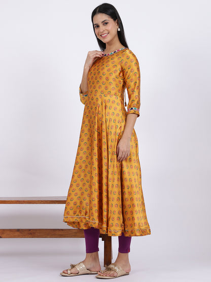 Yellow Floral Printed Satin Festive Anarkali Kurta and Leggings Set with Dupatta
