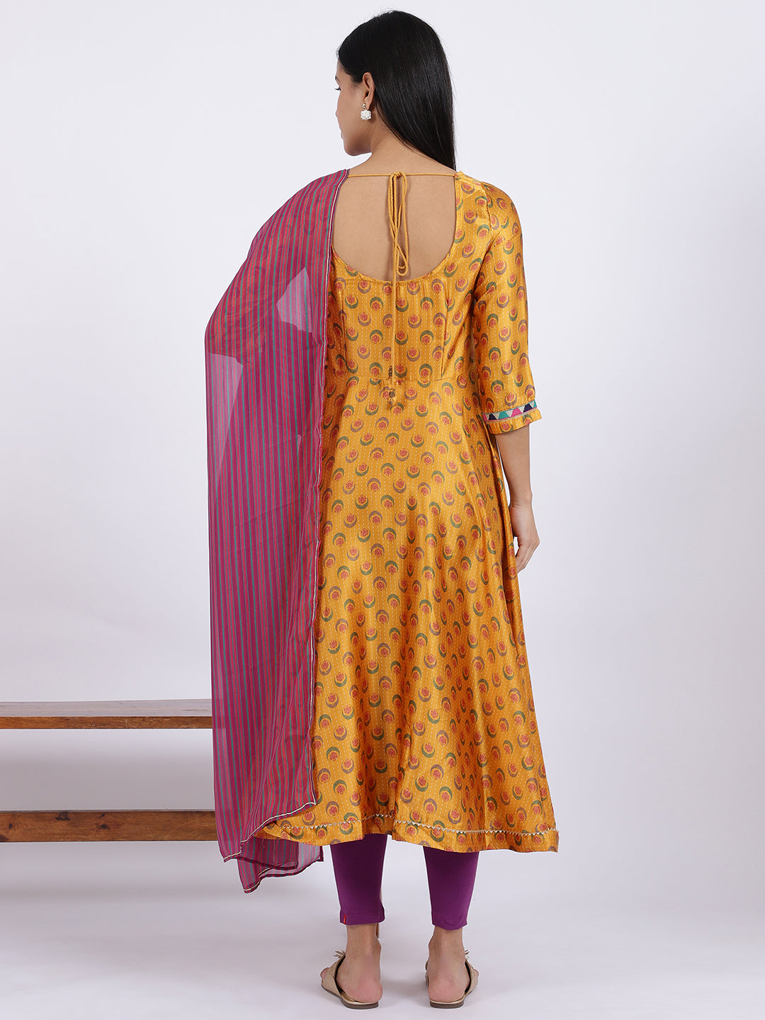 Yellow Floral Printed Satin Festive Anarkali Kurta and Leggings Set with Dupatta
