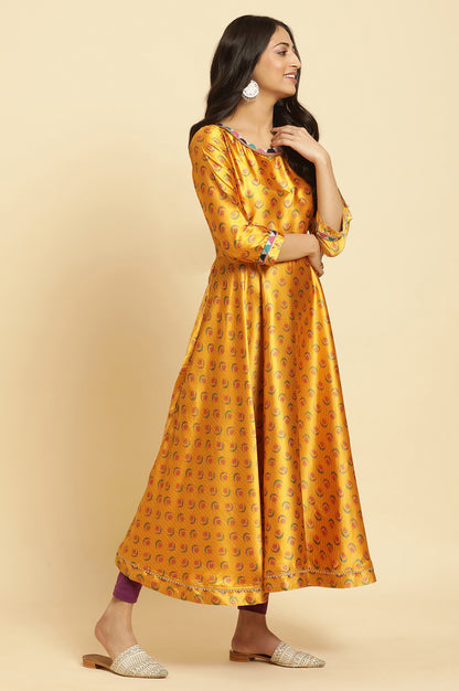 Mustard Yellow Flared Kurta, Tights And Dupatta Set - wforwoman